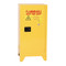 A photograph of a yellow tower 02010 eagle space saver flammable liquid safety cabinets, with 16 gallon capacity and door closed.