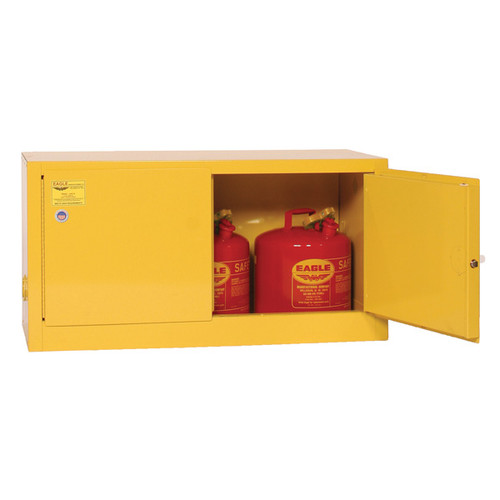 A photograph of a yellow 02011 eagle add-on flammable liquid safety cabinets, with 15 gallon capacity and one door open.