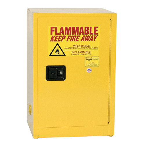 A photograph of a yellow standard 02012 eagle space saver flammable liquid safety cabinets, with 12 gallon capacity and door closed.