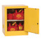 A photograph of a yellow 02013 eagle bench top flammable liquid safety cabinets, with 4 gallon capacity and door open.