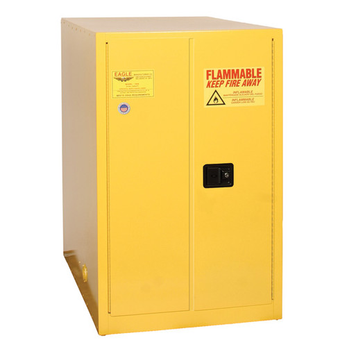 A photograph of a yellow 02035 eagle flammable drum cabinets, with horizontal 1 drum capacity and door closed.