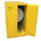 A photograph of a yellow 02035 eagle flammable drum cabinets, with horizontal 1 drum capacity and door open.
