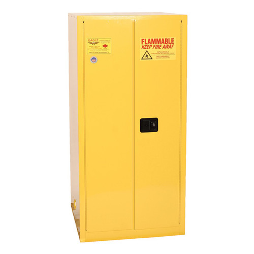 A photograph of a yellow 02037 eagle flammable drum cabinets, with vertical 1 drum capacity and doors closed.