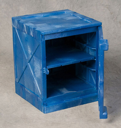 A photograph of a blue 02070 Eagle Modular Quik-Assembly™ Polyethylene Acid and Corrosive cabinet with 4 gallon capacity and door open.