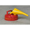 Photograph of 2 quart red galvanized steel safety can with attached funnel.