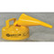 Photograph of 2 quart yellow galvanized steel safety can with attached funnel.