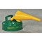 Photograph of 2 quart green galvanized steel safety can with attached funnel.