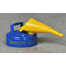 Photograph of 2 quart blue galvanized steel safety can with attached funnel.
