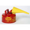 Photograph of red type 1 galvanized steel safety can with 1 gallon capacity and attached funnel.