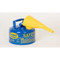 Photograph of blue type 1 galvanized steel safety can with 1 gallon capacity and attached funnel.