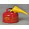 Photograph of red type 1 galvanized steel safety can with 2 gallon capacity and optional attached funnel.