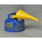 Photograph of blue type 1 galvanized steel safety can with 2 gallon capacity and optional attached funnel.