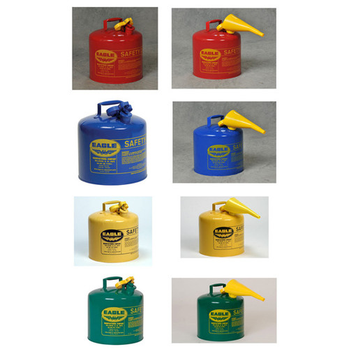 A photograph of a 02106 eagle type i galvanized steel safety cans, with 5 gallon capacity and optional attached funnel.