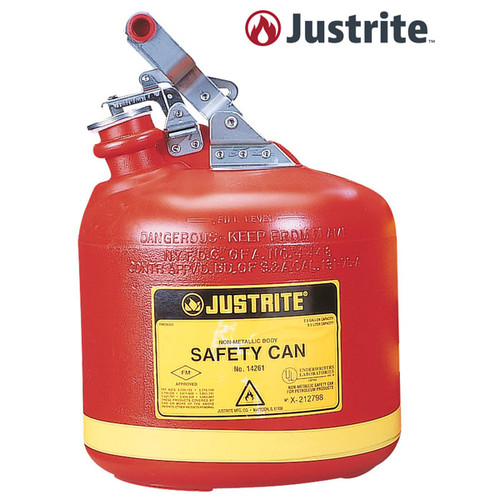 A photograph of a red 02115 justrite type i polyethylene safety can, with 2.5 gallon capacity.