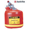 A photograph of a red 02115 justrite type i polyethylene safety can, with 2.5 gallon capacity.