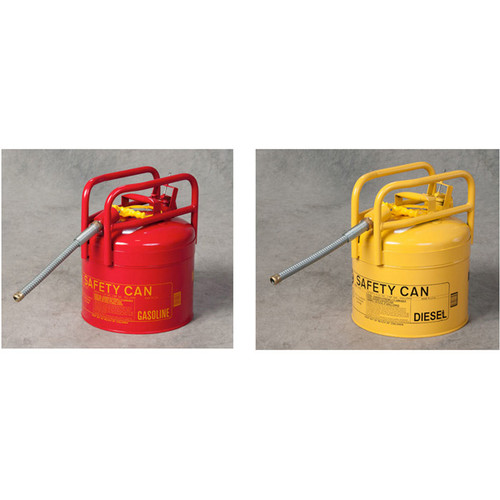 A photograph of a red and yellow 02119 eagle dot transport type ii safety cans, with pour spout and 5 gallon capacity.