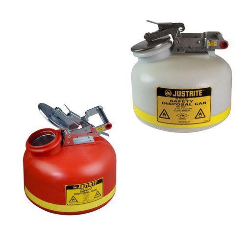 A photograph of a 02129 justrite disposal safety cans, polyethylene, 2 gallon, red or white.