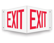 V-shaped white sign with red EXIT printed on both faces.