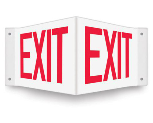 V-shaped white sign with red EXIT printed on both faces.