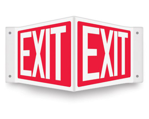 V-shaped red sign with white EXIT printed on both faces.