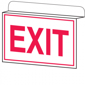 A drawing of the Drop Ceiling Double-Faced Aluminum Exit Sign.  The sign is white with red text and red border.