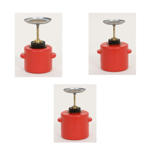A photograph of red 02141 polyethylene eagle safety plunger cans.