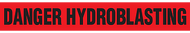 A drawing of an unrolled section of barricade tape reading "DANGER HYDROBLASTING" in black on red.
