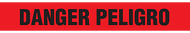 A drawing of an unrolled section of barricade tape printed with "DANGER PELIGRO" in black on red.