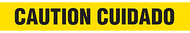 A drawing of an unrolled section of barricade tape reading "CAUTION CUIDADO" in black on yellow.