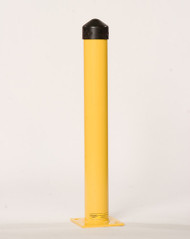 Photograph of yellow round 4" diameter eagle bollard post with black HDPE post cap.