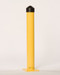 Photograph of yellow round 4" diameter eagle bollard post with black HDPE post cap.