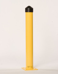 Photograph of yellow round 5" diameter eagle bollard post with black HDPE post cap.
