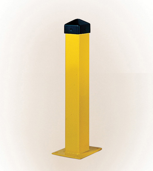 Photograph of yellow square 5" width eagle bollard post with black HDPE post cap.
