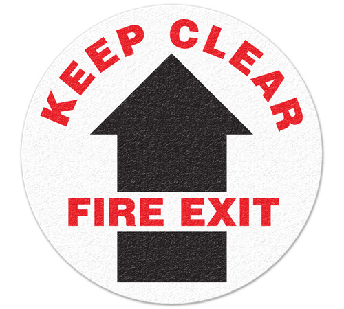 A photograph of white and black 05239 anti-slip safety floor markers, reading keep clear fire exit with arrow graphic.