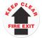 A photograph of white and black 05239 anti-slip safety floor markers, reading keep clear fire exit with arrow graphic.