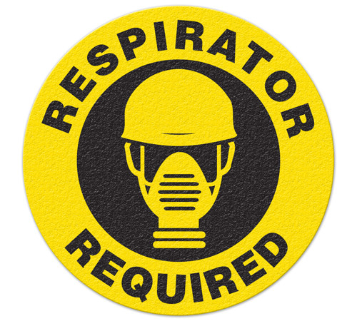 A photograph of yellow and black 05250 anti-slip safety floor markers, reading respirator required with graphic.
