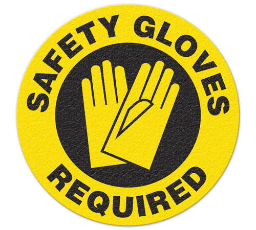 A photograph of yellow and black 05251 anti-slip safety floor markers, reading safety gloves required with graphic.