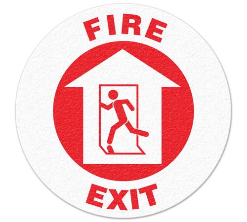 A photograph of red and white 05257 anti-slip safety floor markers, reading fire exit with graphic.