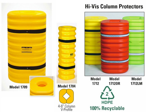Photograph of various yellow, red, and green 42" eagle column protectors with above views.