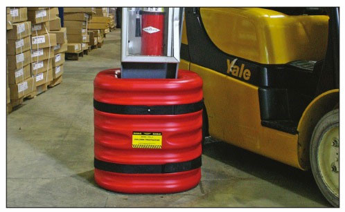 Photograph of red 24" eagle mini column protector installed on column in facility.