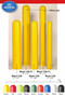 Photograph comparing heights of yellow eagle fluted bollard post sleeves, and showing available colors.
