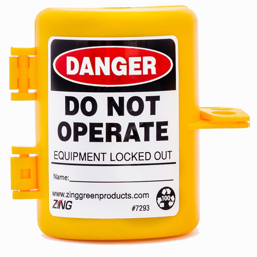 A photograph of a yellow 07001 zing recyclockout™ forklift propane tank lockout device.