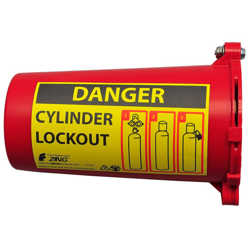 A photograph of a red 07002 zing recyclockout™ gas cylinder lockout device with 3.5" diameter.