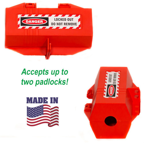 A photograph of a red 07011 zing electrical plug lockout devices from side and front, with drawing showing made in america status.