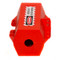 A photograph of a red 07011 zing electrical plug lockout devices from side