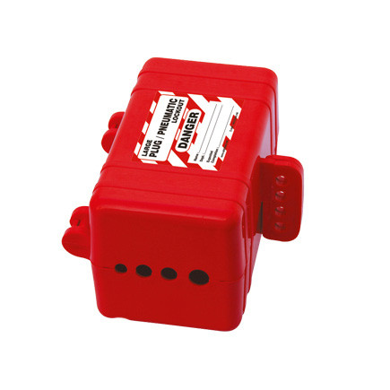 A photograph of a red 07012 zing electrical and pneumatic plug lockout device.