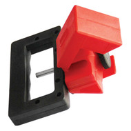 A photograph of a red and black 07015 zing 480/600v oversize clamp-on circuit breaker lockout device.