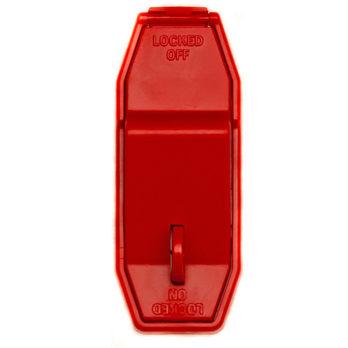 A photograph of a red 07017 zing touch wall light switch lockout device in a locked position.