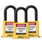 A photograph of three yellow 07023 zing recyclocks insulated safety padlocks with 1.5" shackle.