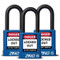 A photograph of three blue 07023 zing recyclocks insulated safety padlocks with 1.5" shackle.